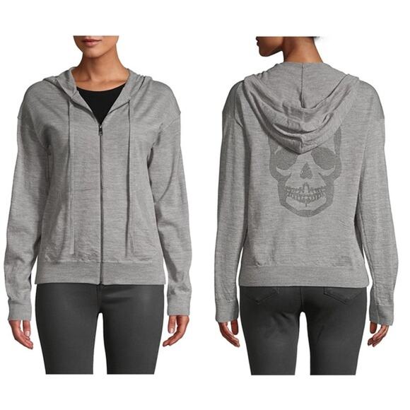 Zadig Voltaire Sweater Womens Small Cashmere Studded Skull Gray Hoodie Full Zip - Picture 1 of 10